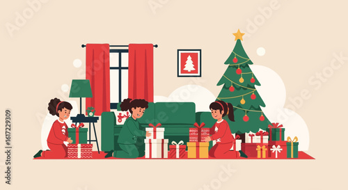 Christmas morning joy: Three young girls exchanging gifts near the decorated tree creates a warm holiday scene