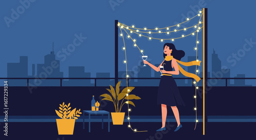 Evening Rooftop Get Together With Woman Enjoying Drinks Under Party Lights