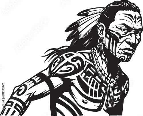 Striking monochrome vector illustration of Indigenous man with t