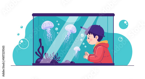 Boy Enjoys Watching Jellyfish Swimming in an Aquarium at Home with Soft Colors