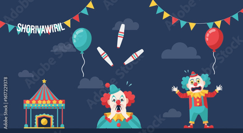 Clowns Perform In A Colorful Circus With Balloons And Juggling Sticks