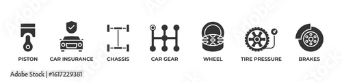 Complete Vehicle Assurance Icons set vector illustration glyph with Piston, Car insurance, Chassis, Car gear, Wheel, Tire pressure, Brakes