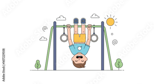 Boy Hanging Upside Down From Gymnastic Rings With Outdoor Playground Scene