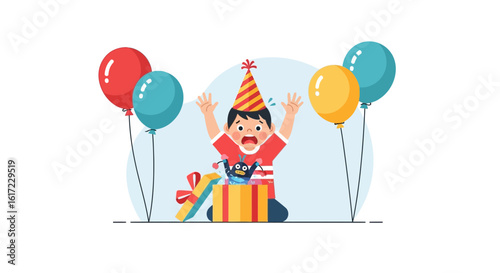 Excited Boy Receives Unexpected Birthday Gift Surrounded by Colorful Balloons