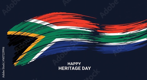 Stylized South African flag in brushstrokes, celebrating Heritage Day. Features red, green, blue, yellow, black, and white. 'Happy Heritage Day' text.