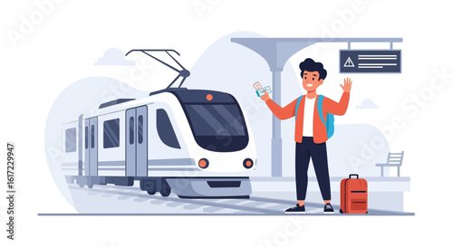 Excited Commuter Ready For Trip, Illustration of Train Station Platform