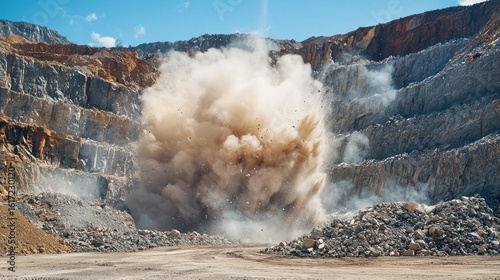 A mining operation blasting rock with a timed detonate causing a cloud of dust and rubble to rise