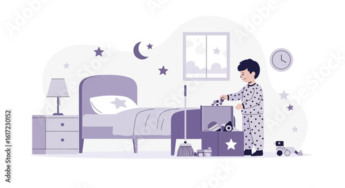 Boy In Pajamas Tidying Up Toys In Bedroom At Night Illustration