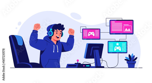 Excited Gamer Winning a Multi-Screen Video Game Competition At Home Setup