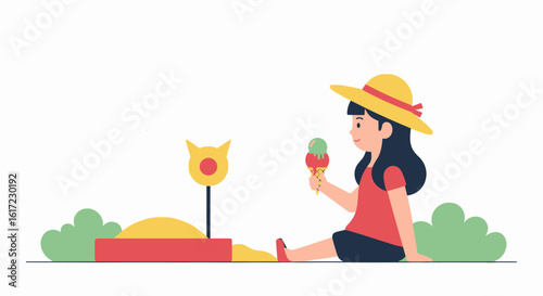 Girl Enjoys Ice Cream In The Park On A Bright Sunny Afternoon