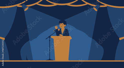 Confident Woman Giving A Public Speech On Stage Under Spotlights Cartoon