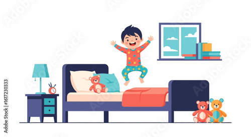 Excited Little Boy Leaping Off Bed In Bedroom Illustration For Kids
