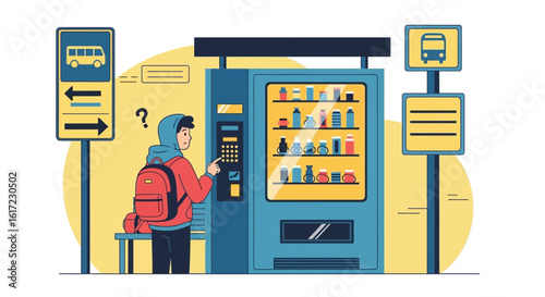 Confused Student at Bus Stop Vending Machine: A Modern Urban Illustration
