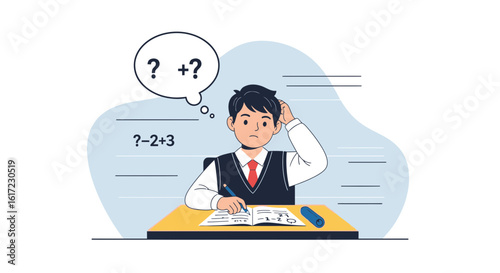 Confused Student Trying To Solve Math Problem At His Desk Education Concept