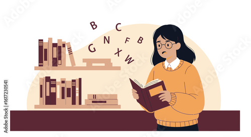 Confused Student Studying With a Textbook and Letters Near a Bookshelf