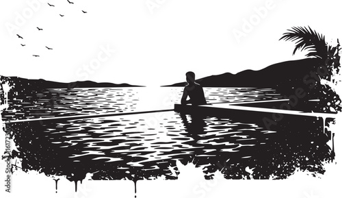 Serene black and white illustration of a man watching the ocean
