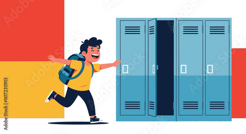 Excited Student Running Towards School Lockers With Backpack And A Happy Expression