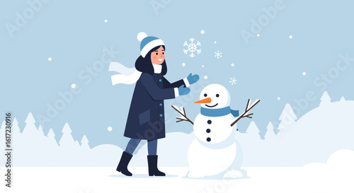 Girl Making A Snowman And Enjoying Winter Season In A Cold Landscape