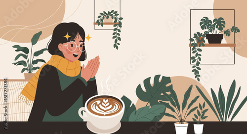 Excited Woman Enjoying Aromatic Coffee With Latte Art In Cozy Cafe