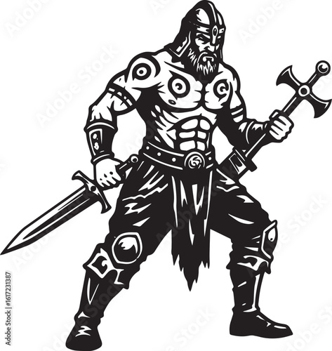Monochrome Illustration of a Fearsome Medieval Warrior with Swor