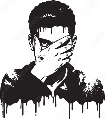 Monochrome depiction of a man partially obscured by his hand art