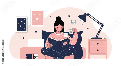 Girl Reading In Bed At Night Home Cozy Scene With Lamp And Star Decorations