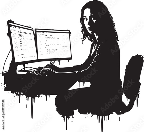 Silhouette of a focused coder at her dual monitors, immersed in
