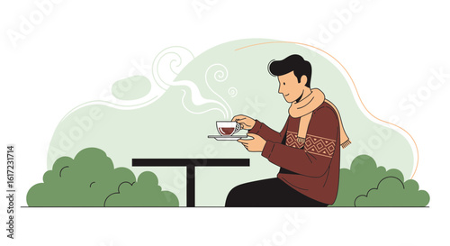 Cozy Afternoon Man Enjoying Coffee Outdoors with Green Scenery Serene Moments