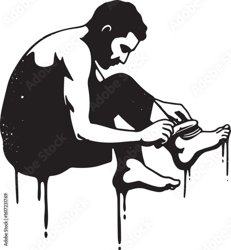 Monochromatic art of a man grooming himself with dripping effect