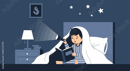 Boy Reading Book Under Blanket Using Flashlight At Night In Bedroom