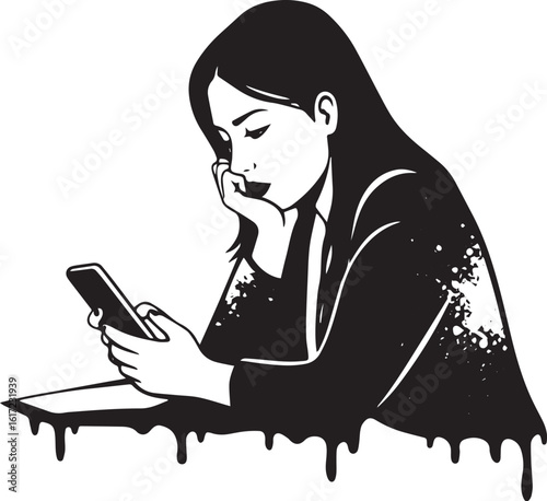 Monochrome illustration of a bored woman using her phone, digita