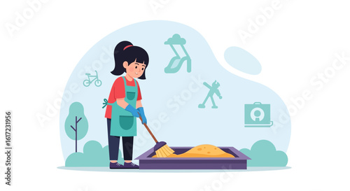 Girl Sweeping Sandbox Cleaning Up Playground For Children Cleanliness Illustration