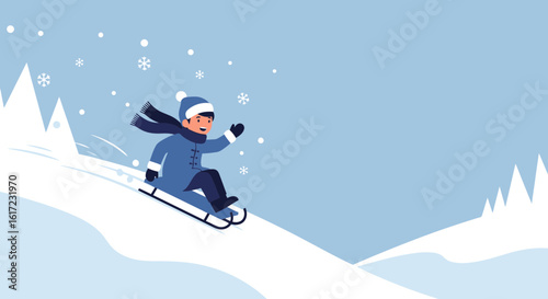Excited Youngster Enjoying Sled Ride Down Snowy Hill During Winter Season