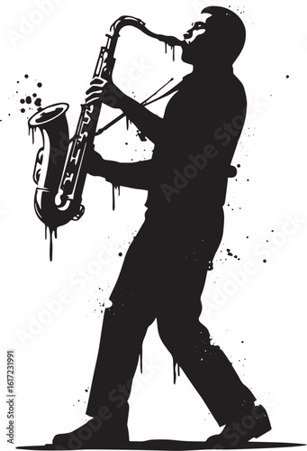 Monochromatic saxophone player silhouette with grunge splash des