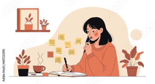 Cozy Home Office Scene Of A Woman Writing Notes Near Sticky Notes