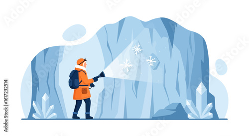 Exploring Frozen Worlds An Adventurer Underneath a Glacier Cave Illuminating Snowflakes