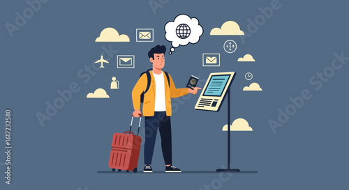 Global Journey Man Using Self Service Kiosk at Airport for Check In