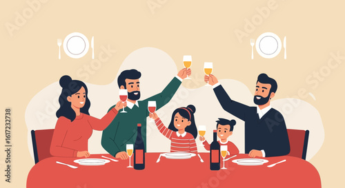 Family Celebrating Special Occasion Together Happy Family Clinking Glasses at Dinner