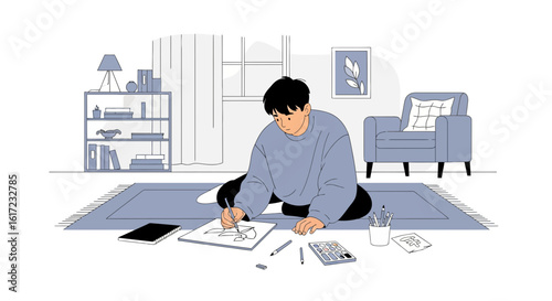 Creative Boy Immersed In Artistic Expression At Home In A Comfortable Setting