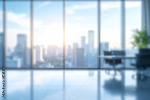 Blurred background of modern office with window and city skyline