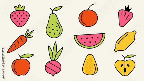 Modern abstract artistic interpretation of fresh produce and garden bounty with a hand drawn aesthetic in bold colors