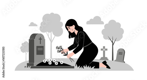 Grieving Woman Placing Flowers At Grave In Cemetery Remembering Loved One