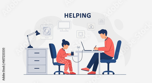 Father helping daughter with homework, family time at home studying together illustration