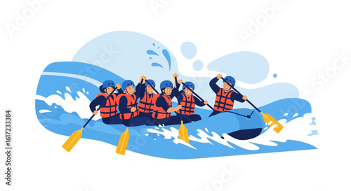 Group Of Friends Enjoying Thrilling Whitewater Rafting Adventure On River Rapids
