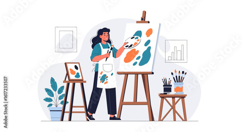 Female Artist Creates An Abstract Work With An Easel In Her Studio