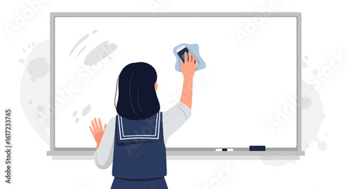 Female Student Cleaning Whiteboard After Class In A Classroom Interior Scene