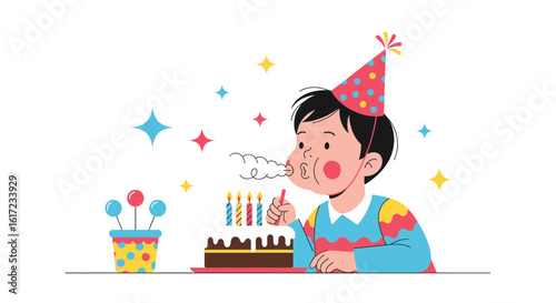 Festive birthday celebration illustration showcasing a child blowing out candles on a cake
