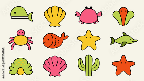 Charming hand drawn assortment of wild sea creatures and marine life elements for artistic projects