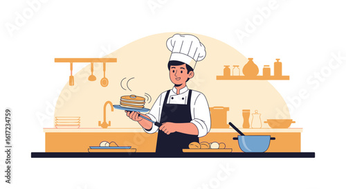 Happy Chef With Pancakes In A Kitchen Ready To Serve Breakfast