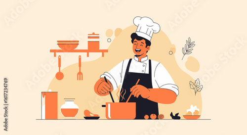 Happy Chef Preparing Meal In Kitchen Flat Design Vector Illustration